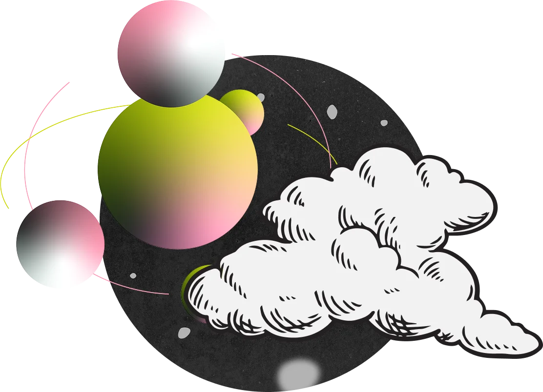 Illustration of clouds and spheres in a geometric pattern