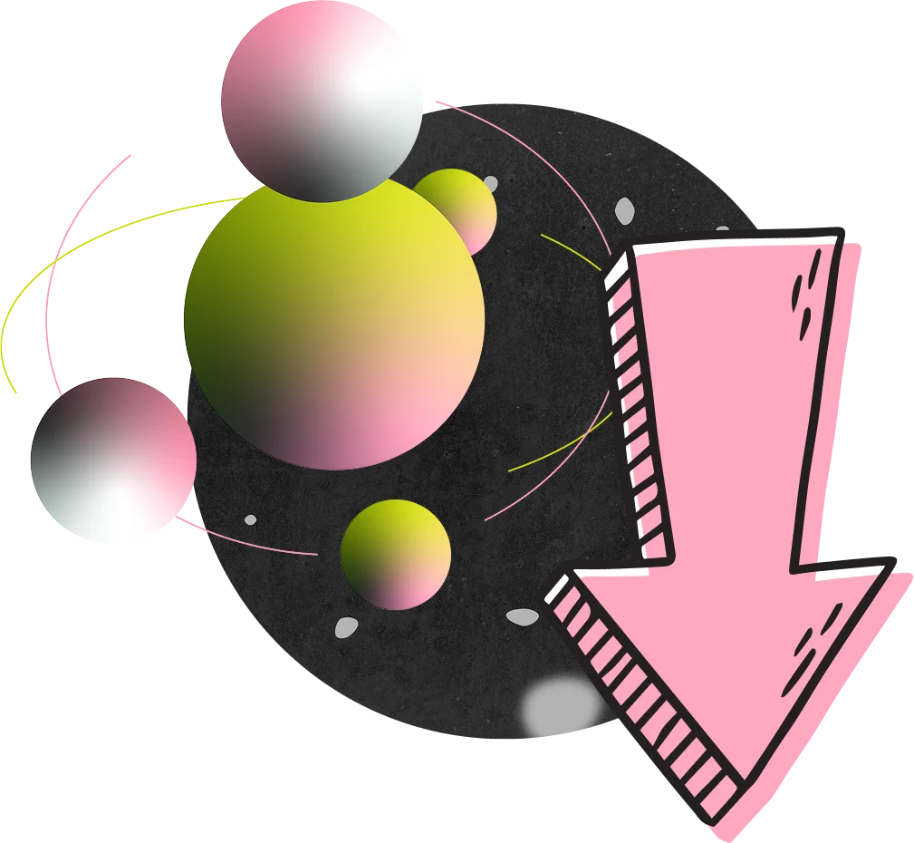Illustration of down arrow and spheres in a geometric pattern